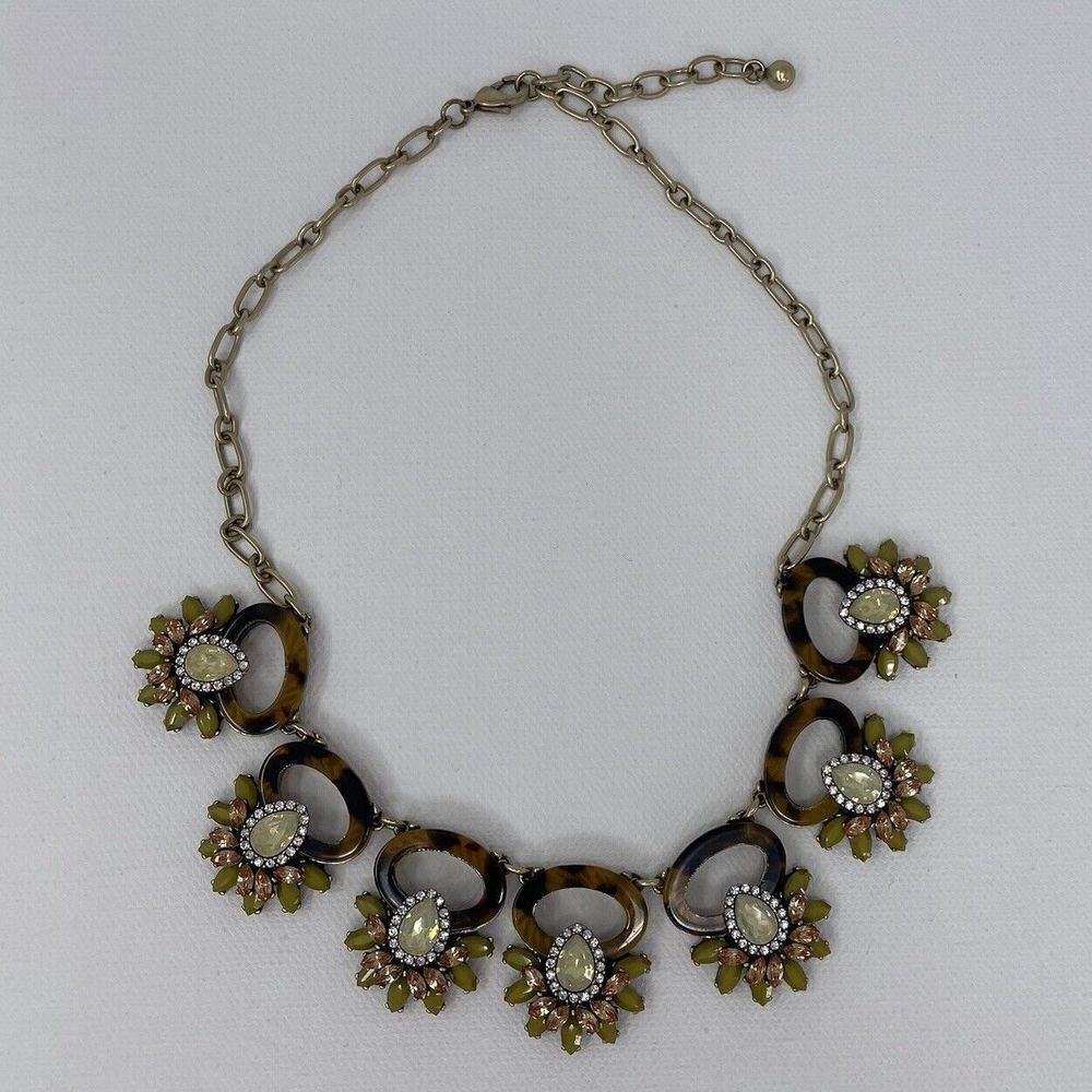 Vintage Tortoise Statement Necklace Rhinestone Jewel Clusters Gold Tone 18"